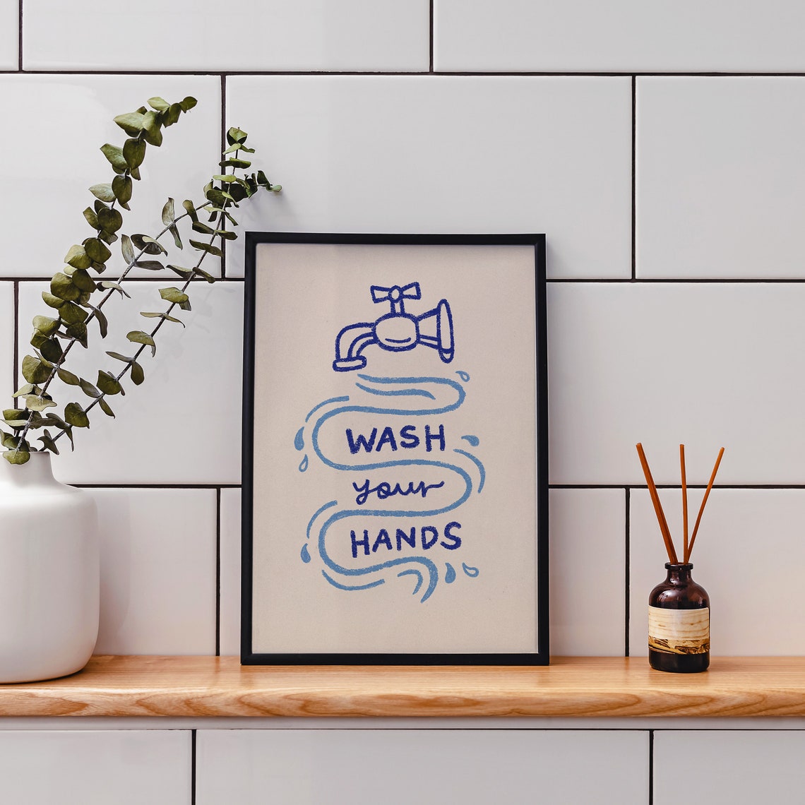 Wash Your Hands Blue Doodle Faucet Cute Bathroom Wall Poster