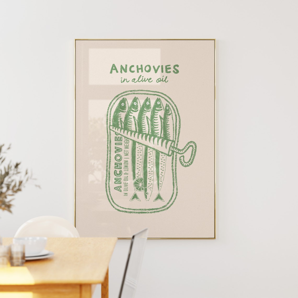 Vintage Green Anchovies Tin Can Illustration Kitchen Decor Art Print