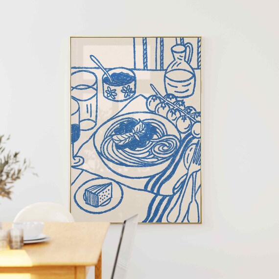 Blue Ink Italian Pasta Dinner Table Still Life Sketch Poster