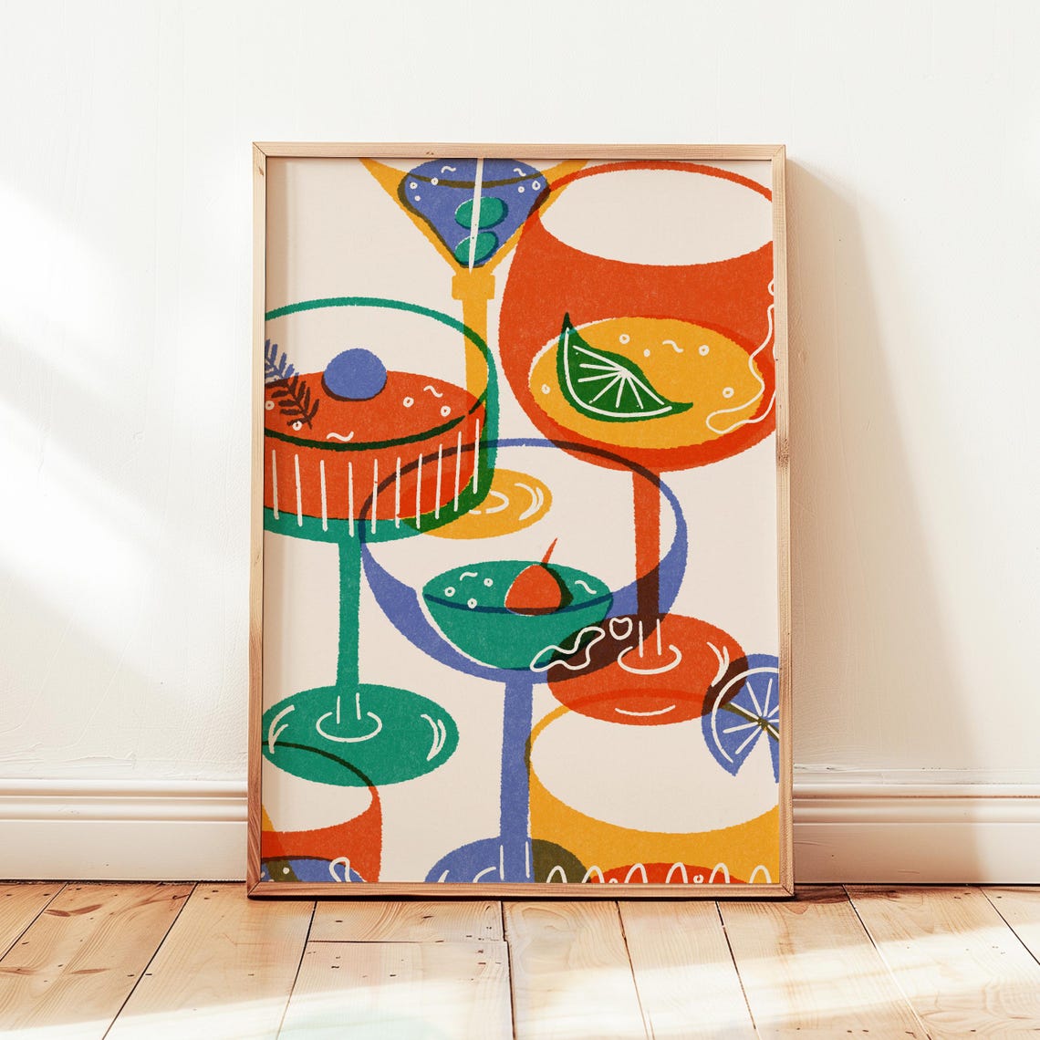 Colorful Cocktail Glasses Retro Bar Cart Funky Kitchen Poster