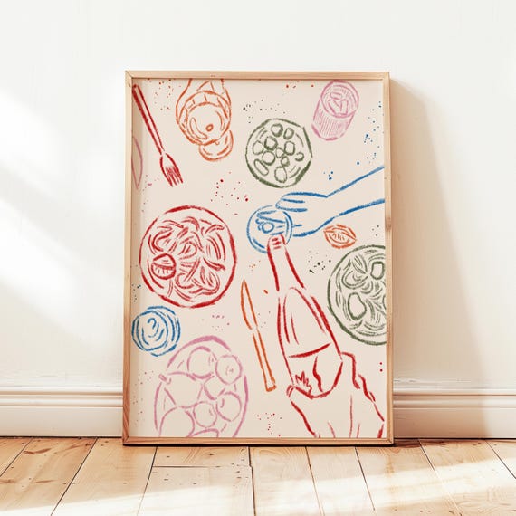 Retro Pasta Night Art Print, Modern Kitchen Decor