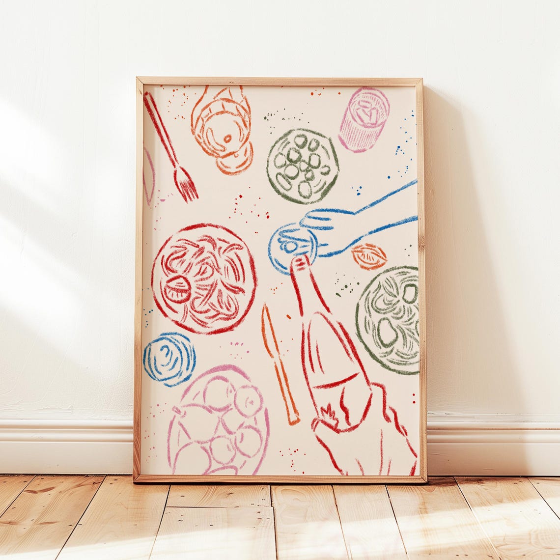 Pasta Night Dinner Party Italian Table Illustration Kitchen Wall Art
