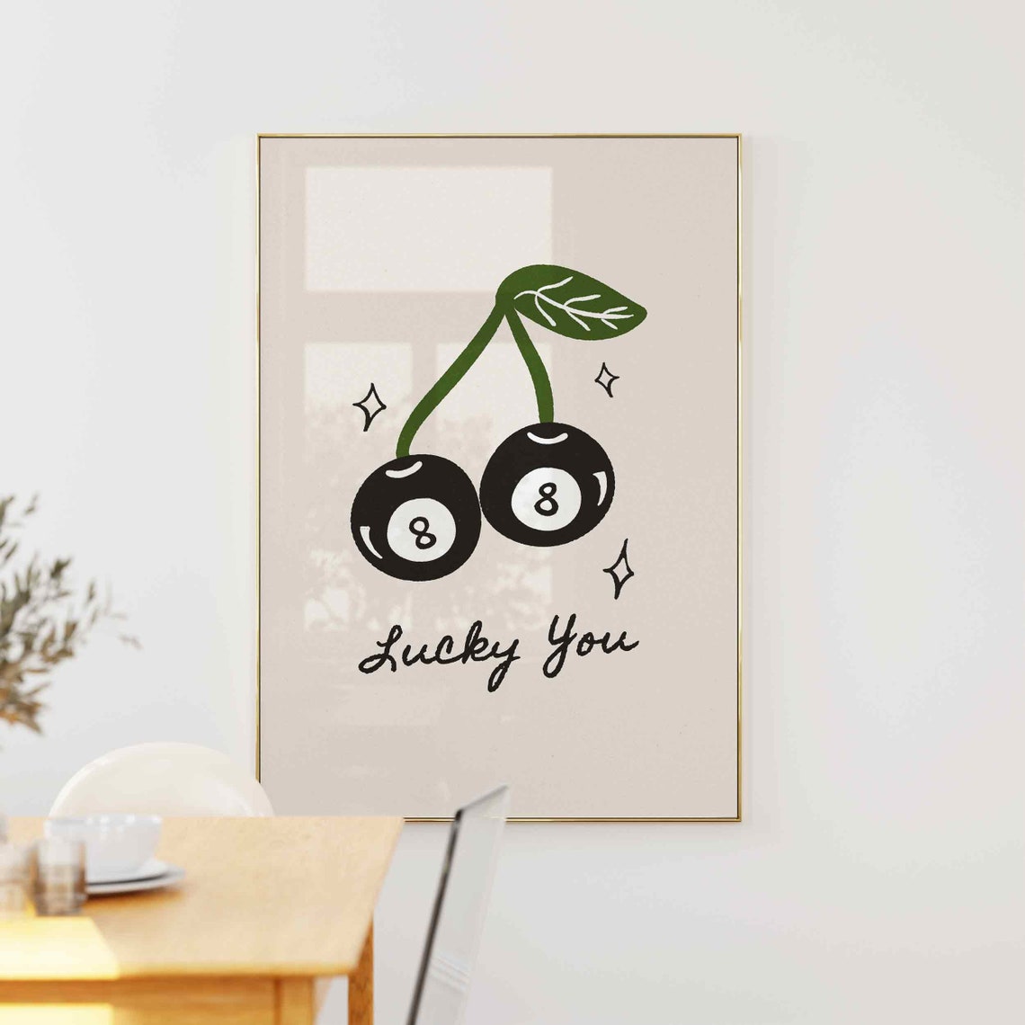 Lucky You 8 Ball Cherries Hand Drawn Trendy Retro Good Luck Wall Art - Image 5