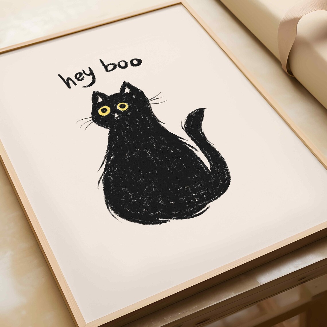 Hey Boo Black Cat Spooky Cute Hand Drawn Halloween Quote Poster - Image 4