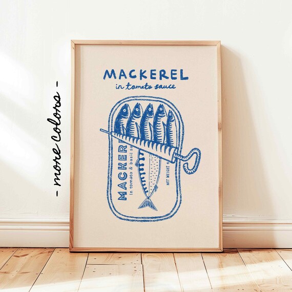 Mackerel Tin Print Retro Hand Drawn Sardine Poster Sardine Fish Art Fish Wall Art Seafood Print Vintage Kitchen Poster Navy Blue Art