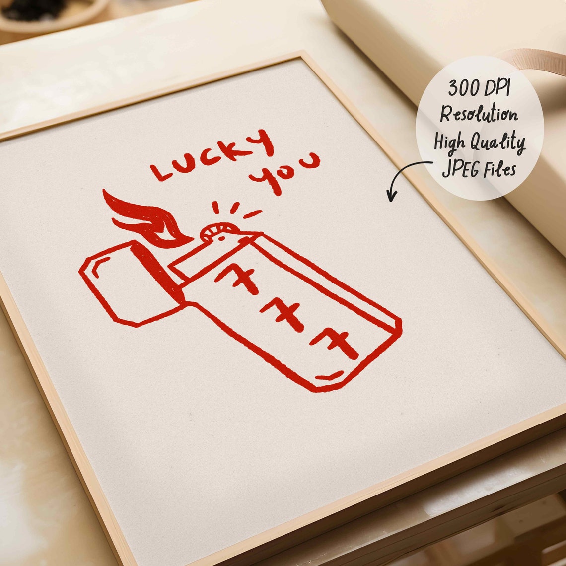 Lucky 777 Lighter Hand Drawn Red Trendy Retro Good Luck Wall Art - Image 2