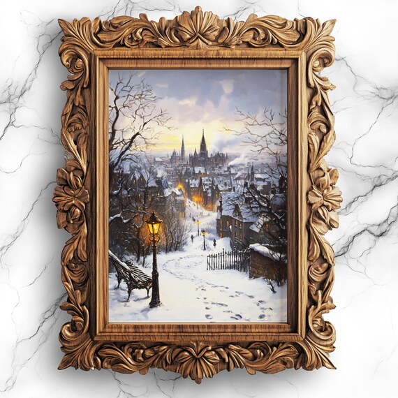 Snowy Victorian City Street with Lamppost at Dusk Winter Wonder Poster