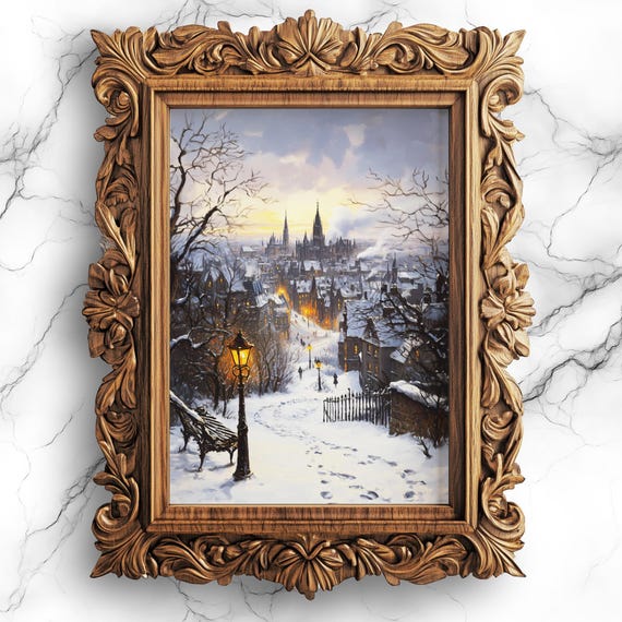 Victorian Winter Cityscape Wall Art Dark Academia Oil Painting Moody Landscape Snowy City View Decor Sce97