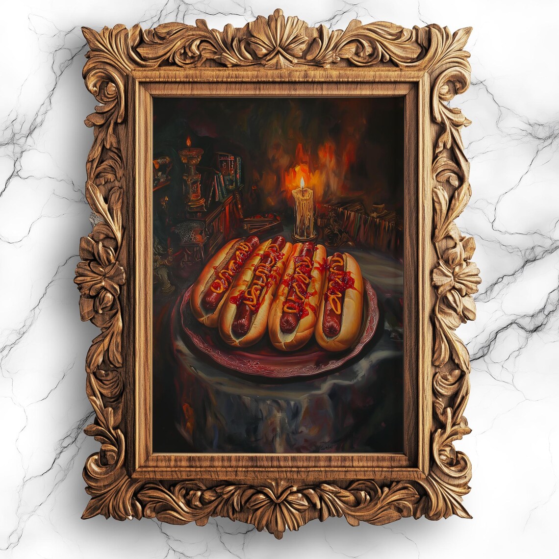 Hot Dogs In Mysterious Room Oil Painting Print