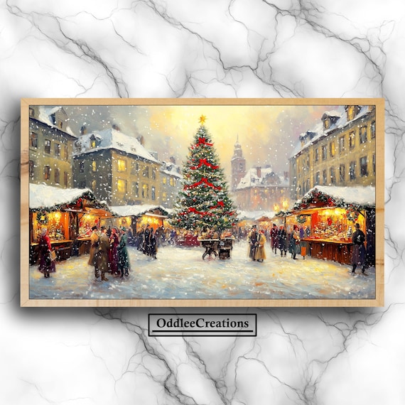 Holiday Spirit in Victorian City Square, Art Print