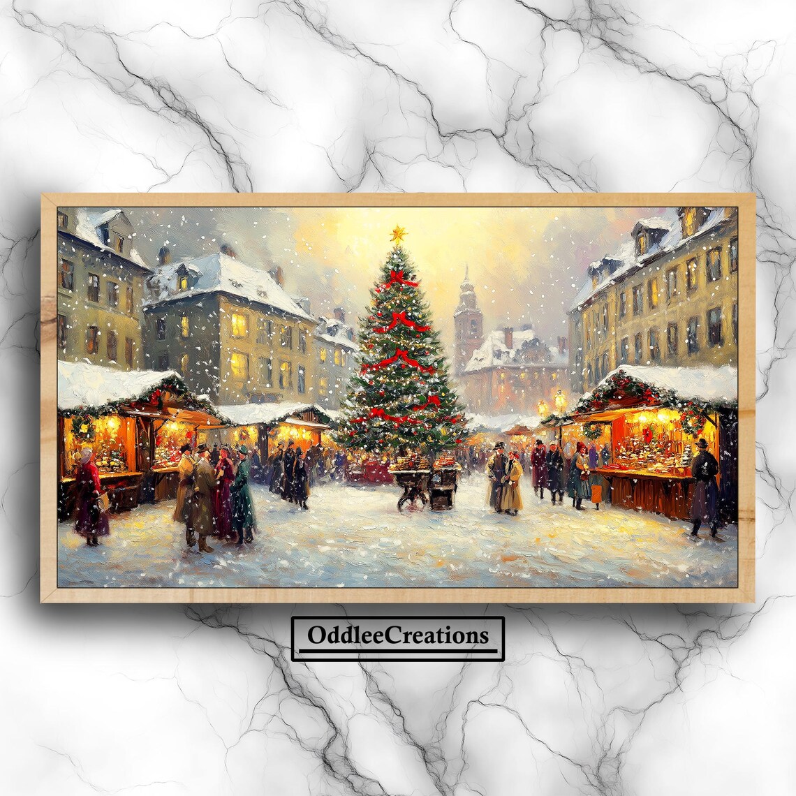 Holiday Spirit in Victorian City Square, Art Print
