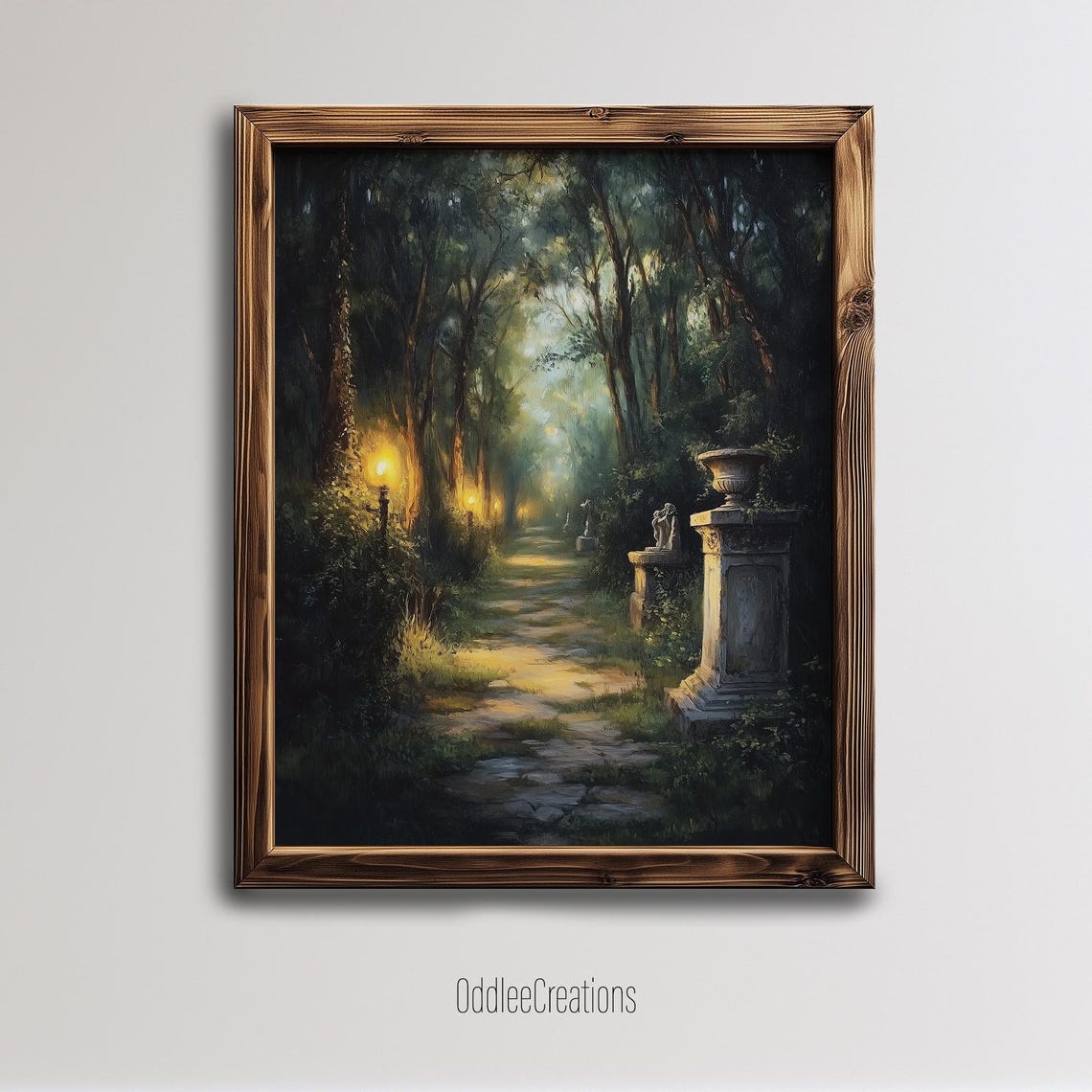 Enchanted Forest Pathway Oil Painting Lamp Lit Ancient Ruins Poster