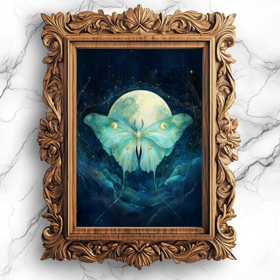 Celestial Luna Moth Oil Painting Dark Academia Moonlight Night Sky Poster