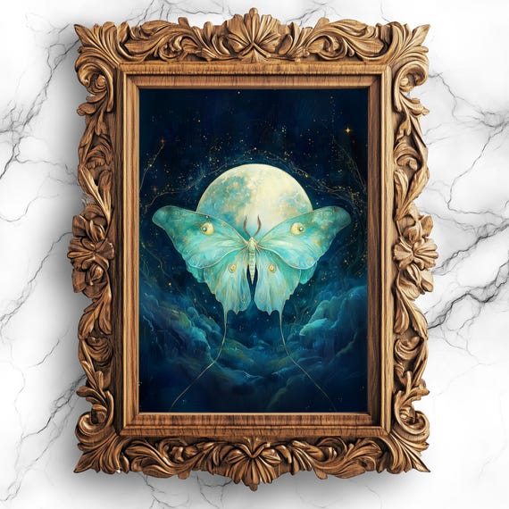 Celestial Luna Moth Oil Painting Dark Academia Wall Art Night Sky Decor Moon And Stars Design Prt42