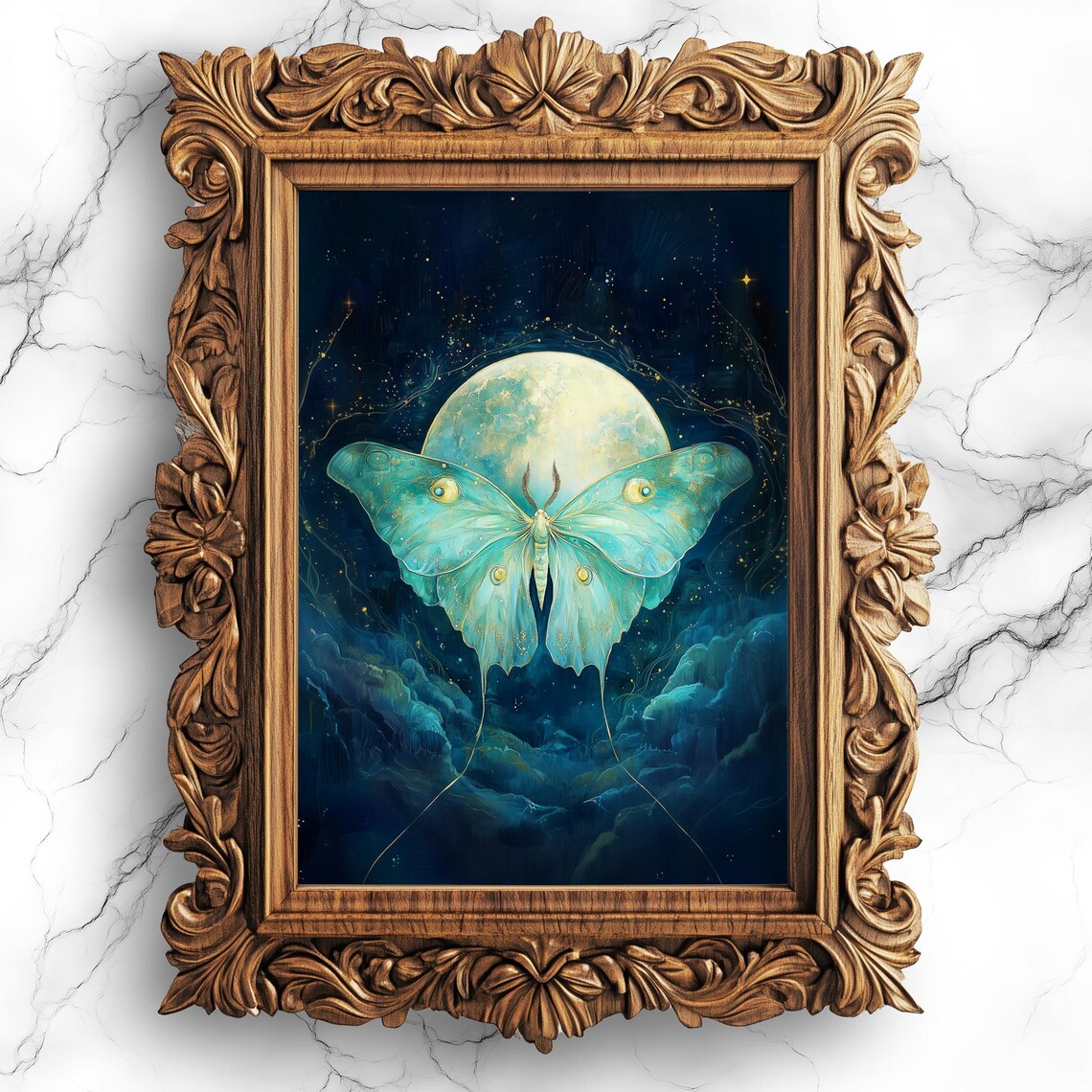 Celestial Luna Moth Oil Painting Dark Academia Moonlight Night Sky Poster