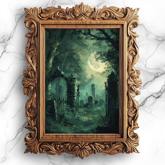 Moonlit Graveyard Wall Art Spooky Night Scene Gothic Cemetery Decor Landscape Painting Haunted Home Print Sce11