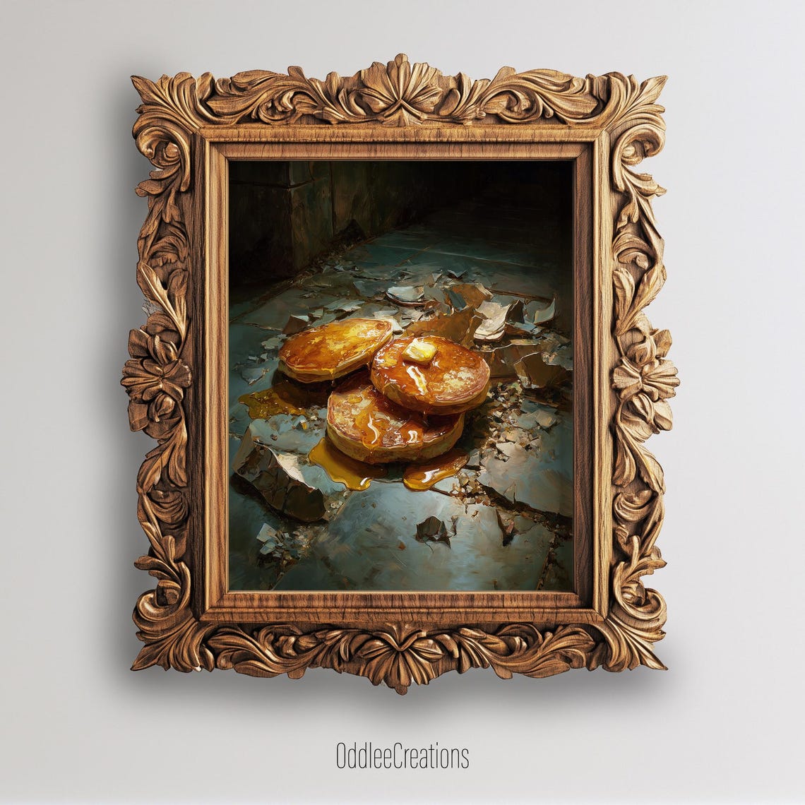 Dropped Pancakes With Syrup on Broken Tiles Dark Still Life Poster
