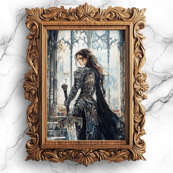 Strong Female Knight Gothic Wall Art Dark Academia Oil Painting Decor For Study Or Bedroom Prt48