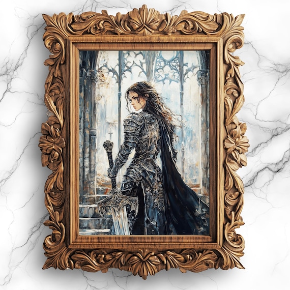 Strong Female Knight With Greatsword Gothic Cathedral Oil Poster