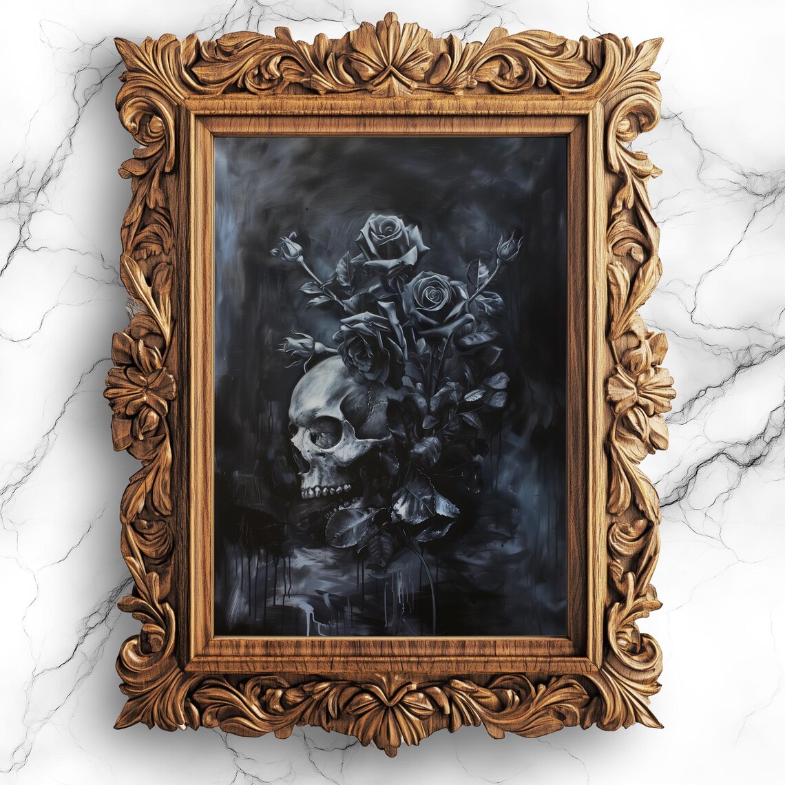 Skull with Black Roses Gothic Oil Painting Dark Floral Moody Poster