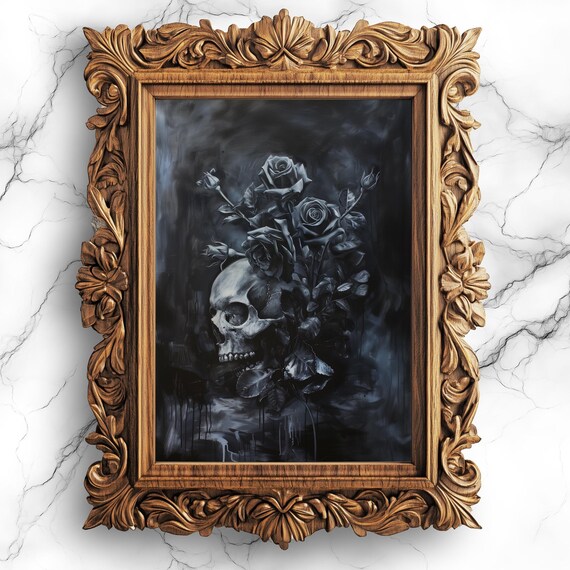 Skull with Black Roses Gothic Oil Painting Dark Floral Moody Poster