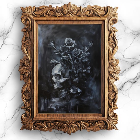 Skull With Black Roses Oil Painting Gothic Wall Art Dark Floral Dcor Decor Eerie Home Blr1