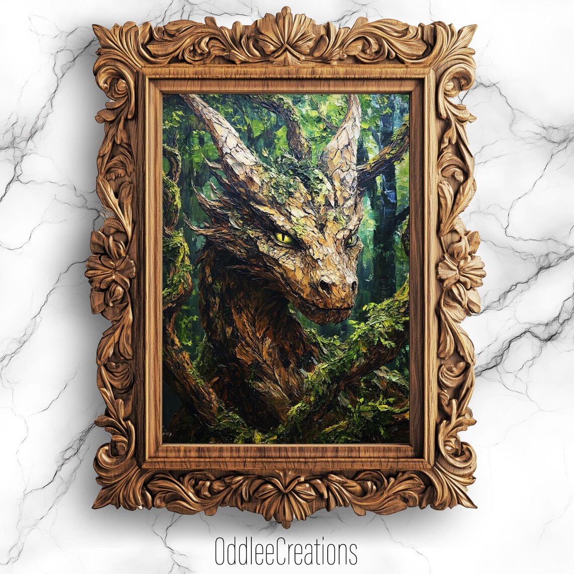 Mystical Forest Guardian Dragon Oil Painting Dark Fantasy Poster