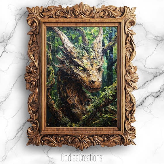 Mystical Forest Guardian Dragon Oil Painting Dark Academia Gothic Wall Art Protector Decor Prt77