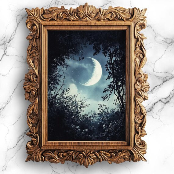 Moonlit Crescent Sky Over Dark Night Forest Landscape Art Poster