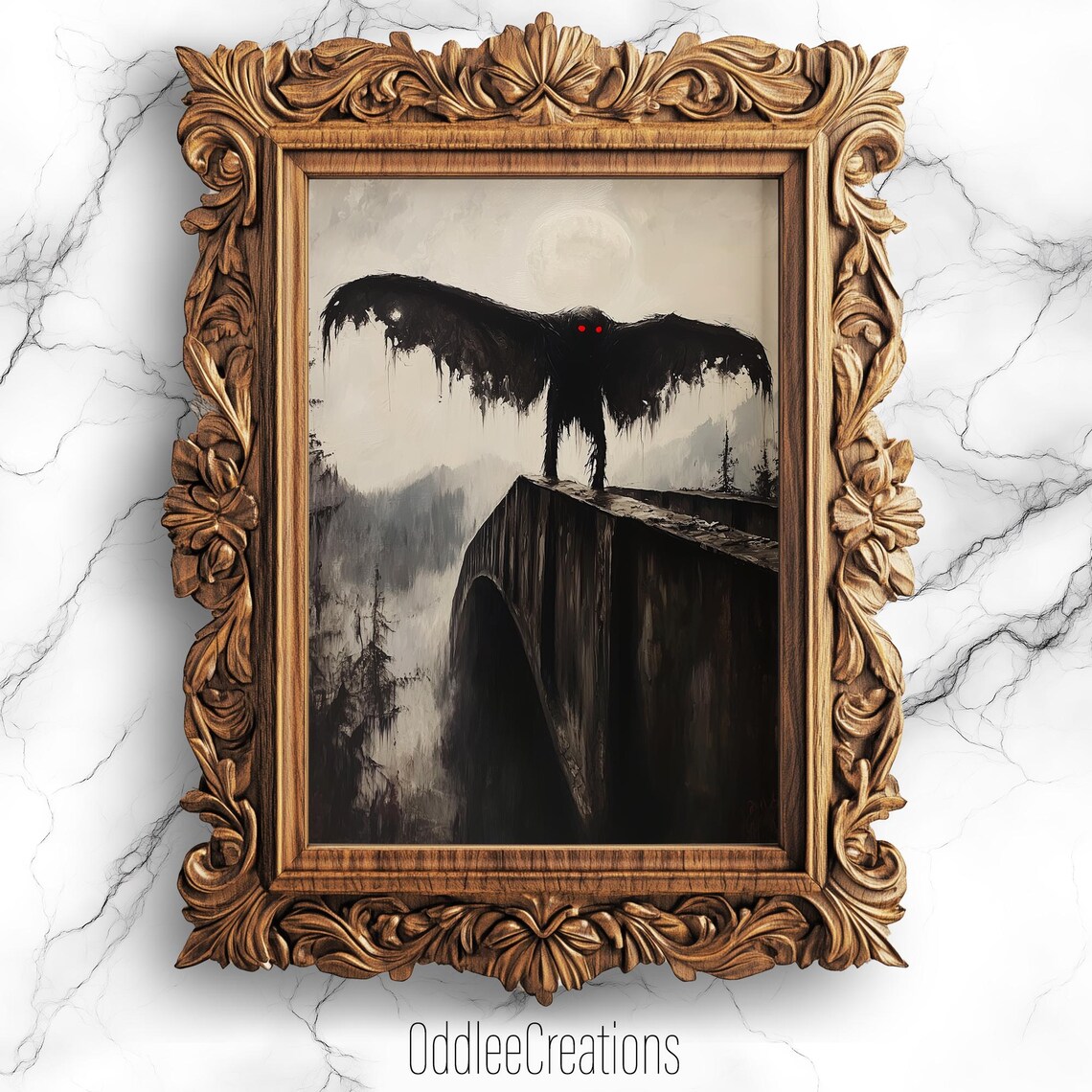 Mothman Cryptid Portrait, Eerie Oil Painting Art Print