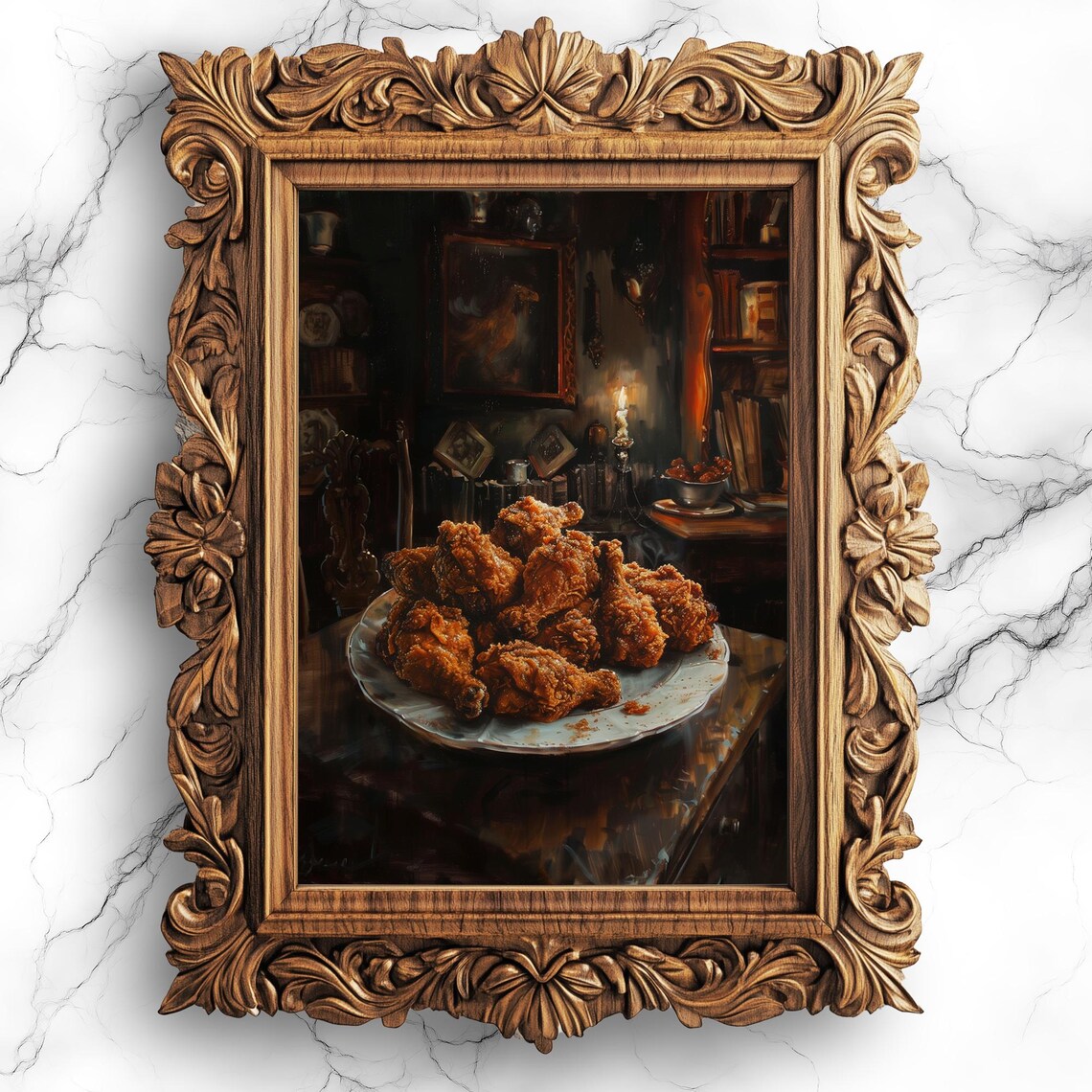 Fried Chicken Still Life in a Dark Academia Room Food Poster