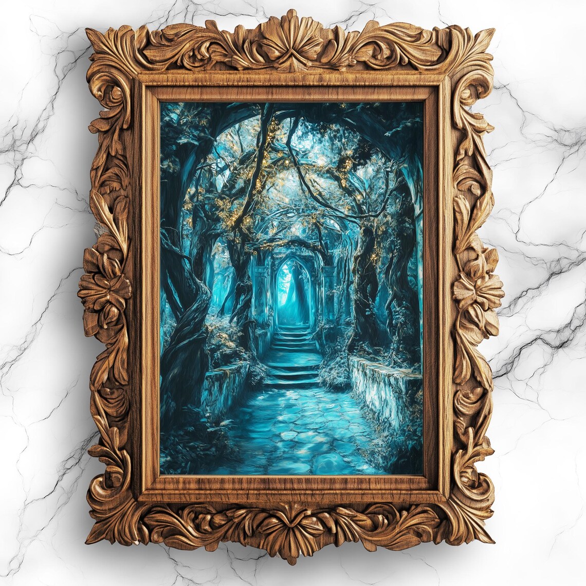 Mystic Blue Forest Staircase With Stone Archway Fantasy Poster