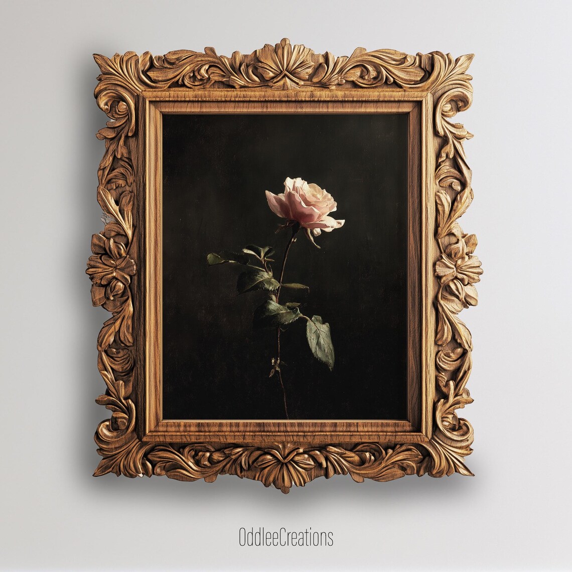 Single Pink Rose on Dark Background Vintage Oil Painting Print