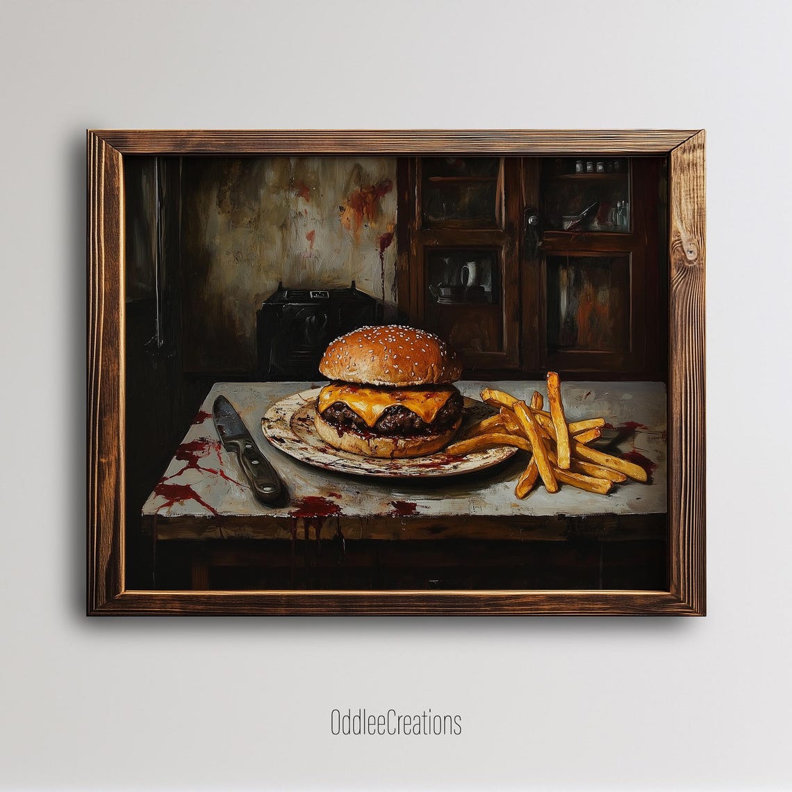 Sinister Cheeseburger And Fries Oil Painting Art Wall Decor For Horror Themed Kitchen Spooky Fod61