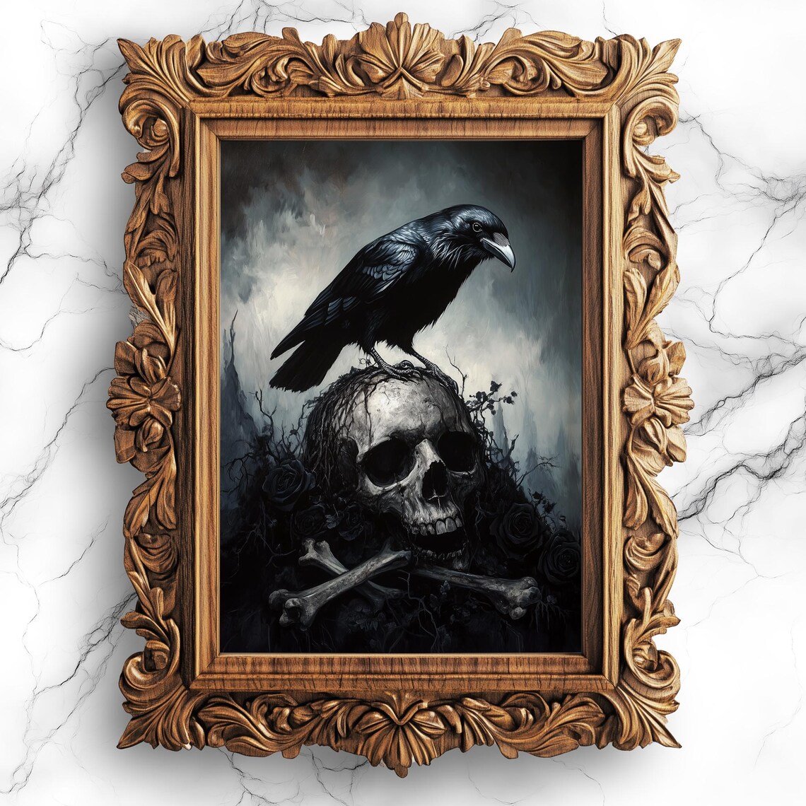Gothic Crow and Skull With Black Roses Art Print