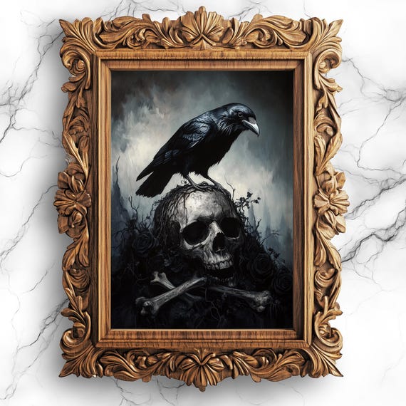 Gothic Crow and Skull With Black Roses Art Print