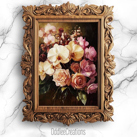 Vintage Style Orchid And Rose Bouquet Oil Painting Dark Academia Wall Art Dramatic Floral Decor Flw38