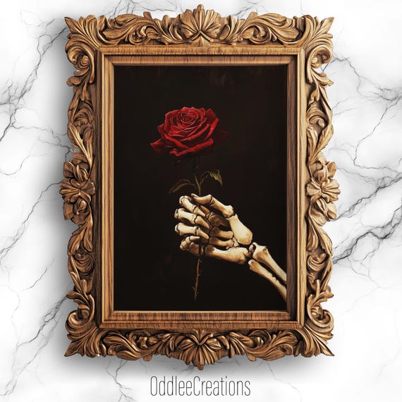 Macabre Skeleton Hand Holding Rose Wall Art Gothic Vintage Oil Painting Print Dark Home Decor Instant Flw46