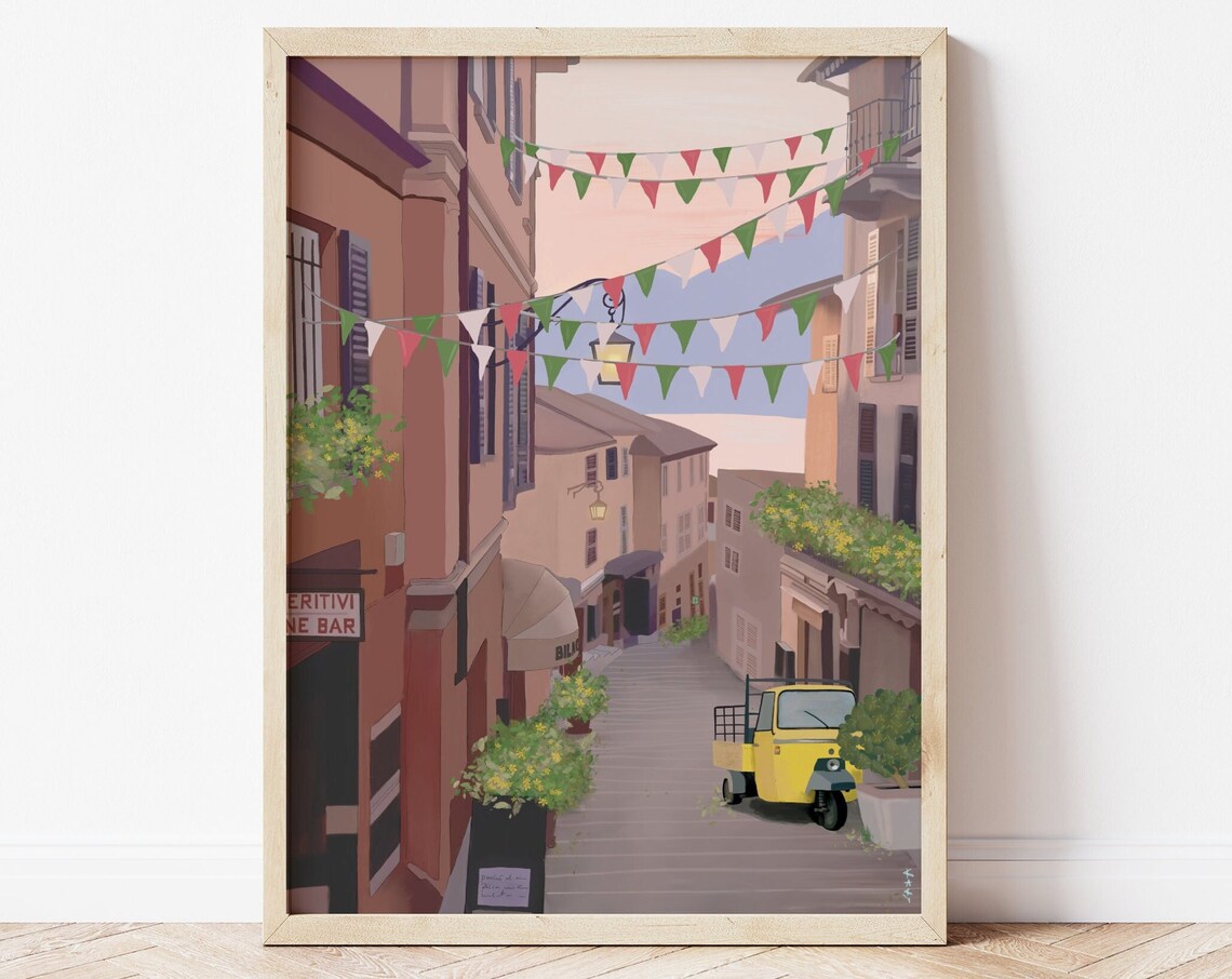 Italian Lake Town Street Festival Bunting Yellow Ape Truck Aperitivo Poster