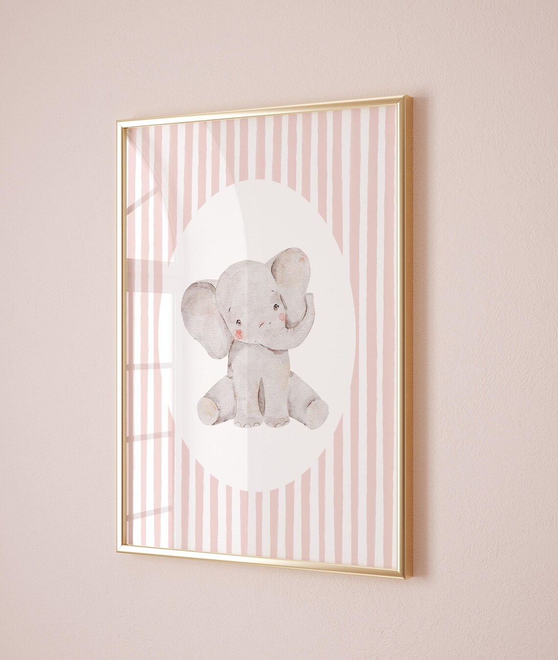 Sweet Baby Elephant Watercolor Pink Stripe Nursery Art Poster - Image 4