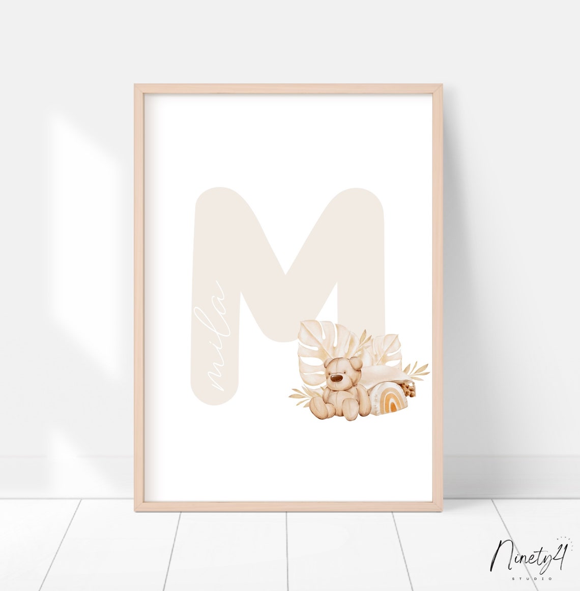 Boho Mila Teddy Bear Rainbow Monstera Nursery Name Initial Poster