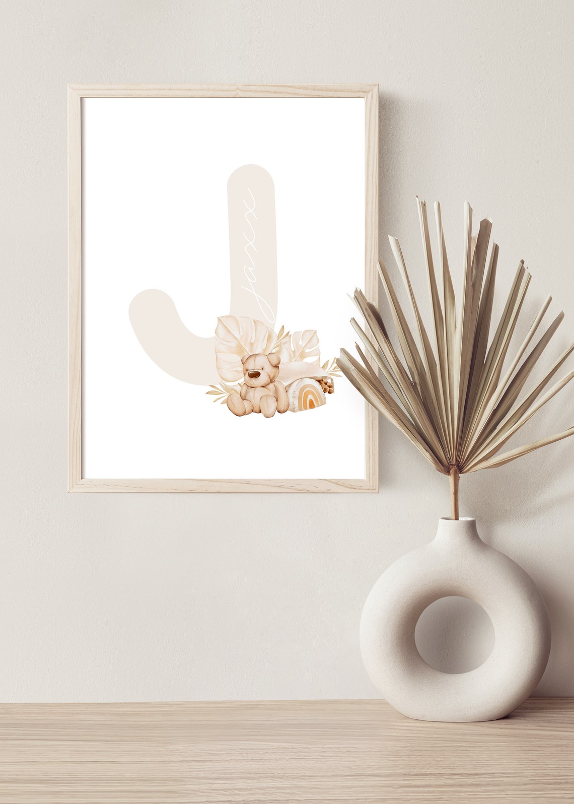 Boho Mila Teddy Bear Rainbow Monstera Nursery Name Initial Poster - Image 2
