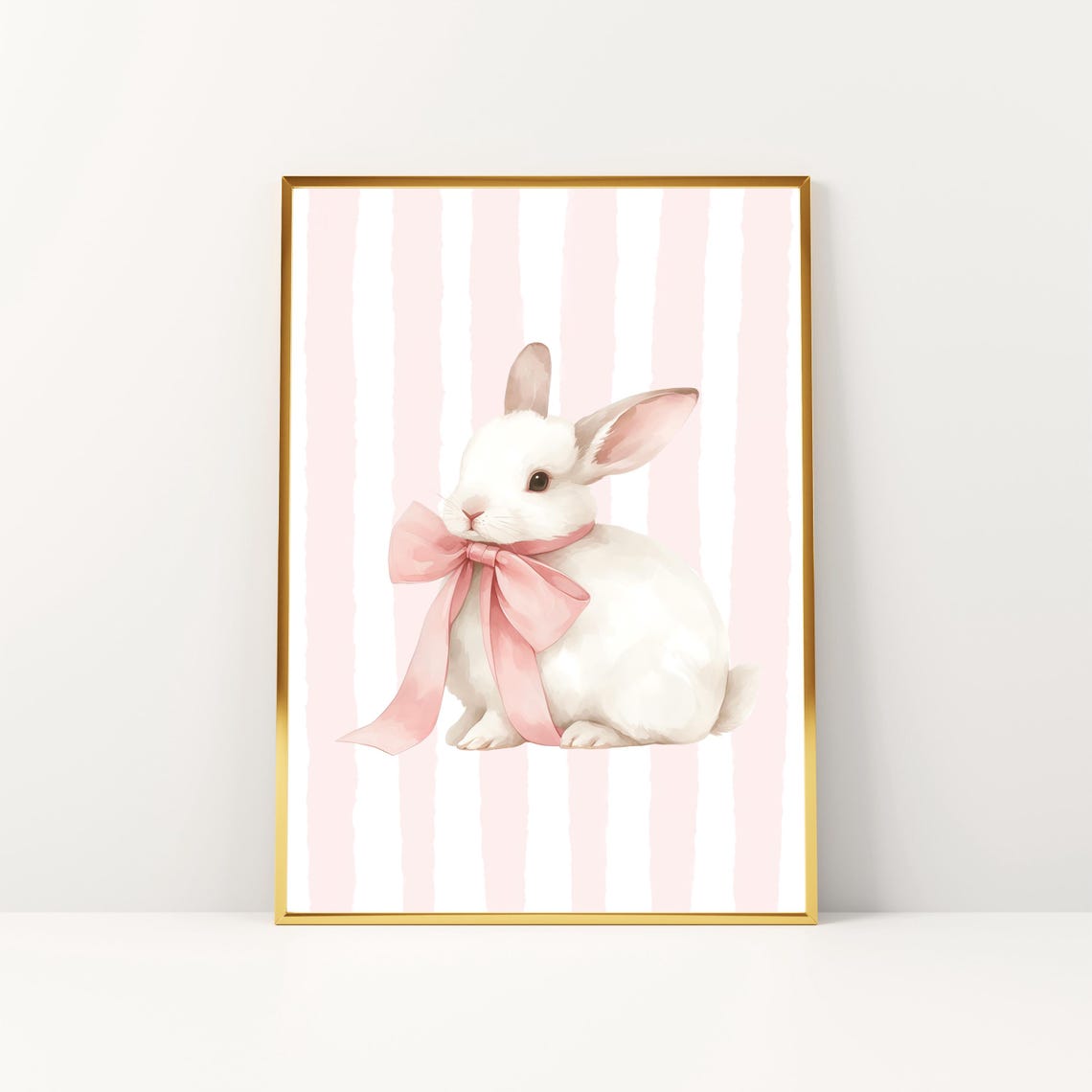 Fluffy White Bunny Pink Bow Striped Coquette Nursery Art Print - Image 2