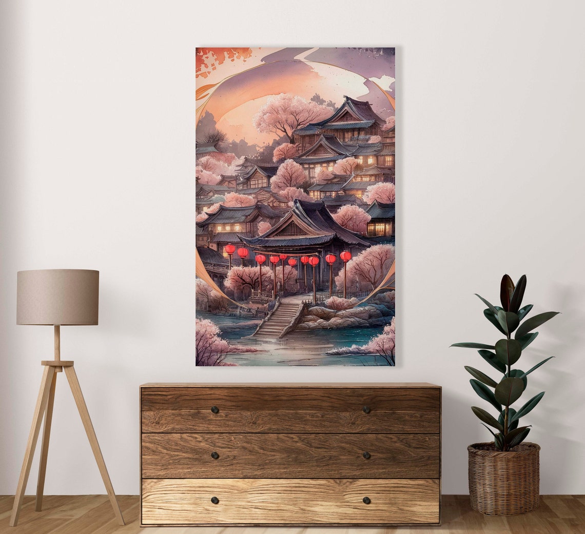 Traditional Japanese Village With Cherry Blossoms Watercolor Poster