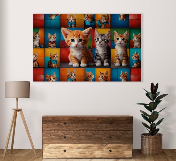 Cute Kittens Collage On Rainbow Squares Funny Cat Art Poster