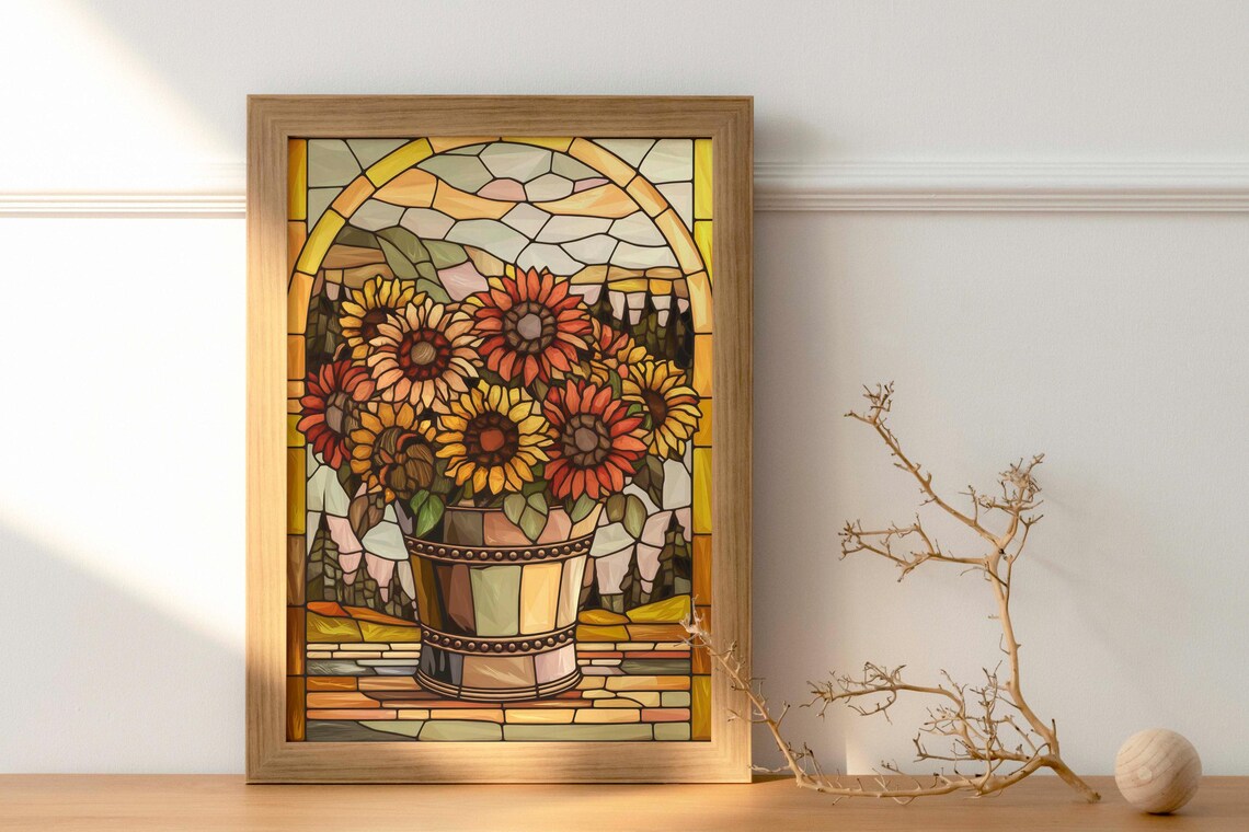 Golden Sunflower Bouquet Stained Glass Style Arched Window Poster - Image 2