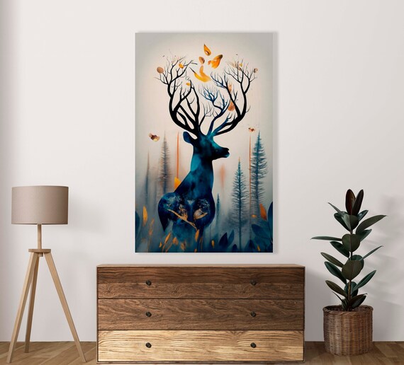 Majestic Deer Silhouette With Branch Antlers Watercolor Forest Poster