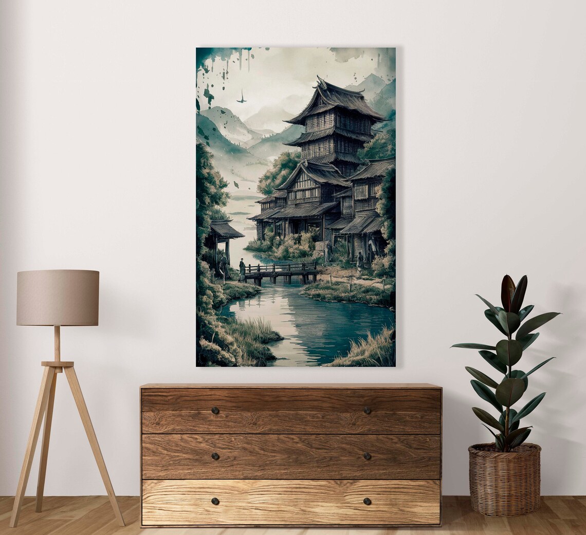 Japanese Castle Reflected in a Still Lake Ink Wash Style Art Poster