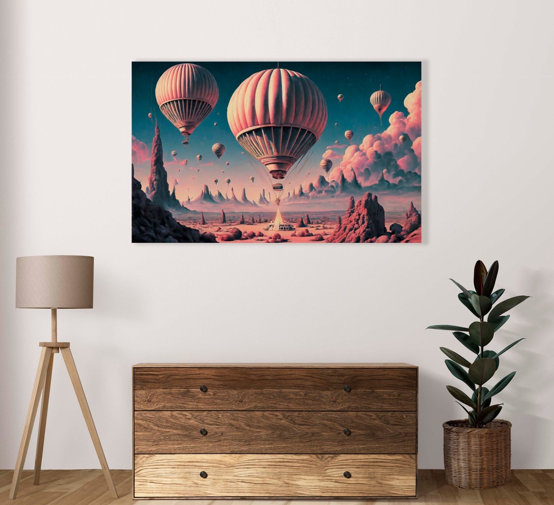 Vintage Hot Air Balloons Over Futuristic Desert Valley Poster