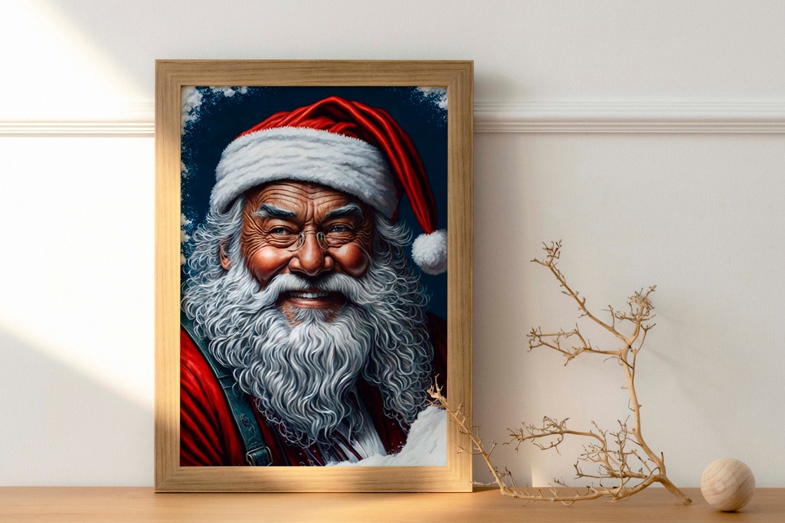 Smiling Santa Claus Portrait Dark Blue Snowy Night Christmas Poster